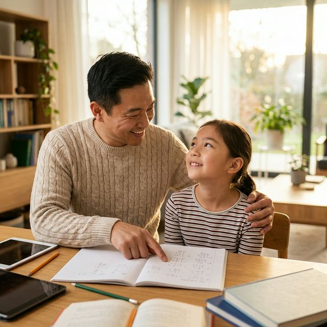 Father helping daughter with math homework
