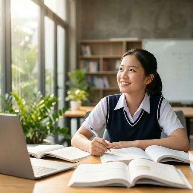 Học sinh nữ đang làm bài tập tự tin